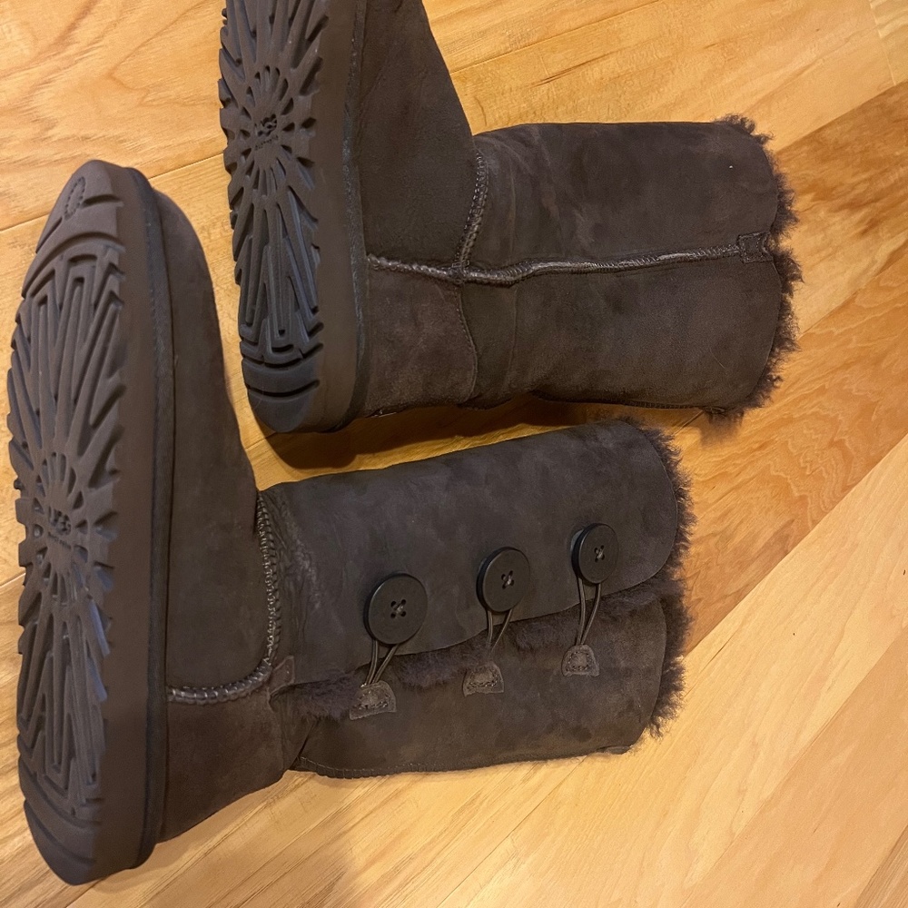 Ugg tall button boots in chocolate brown.